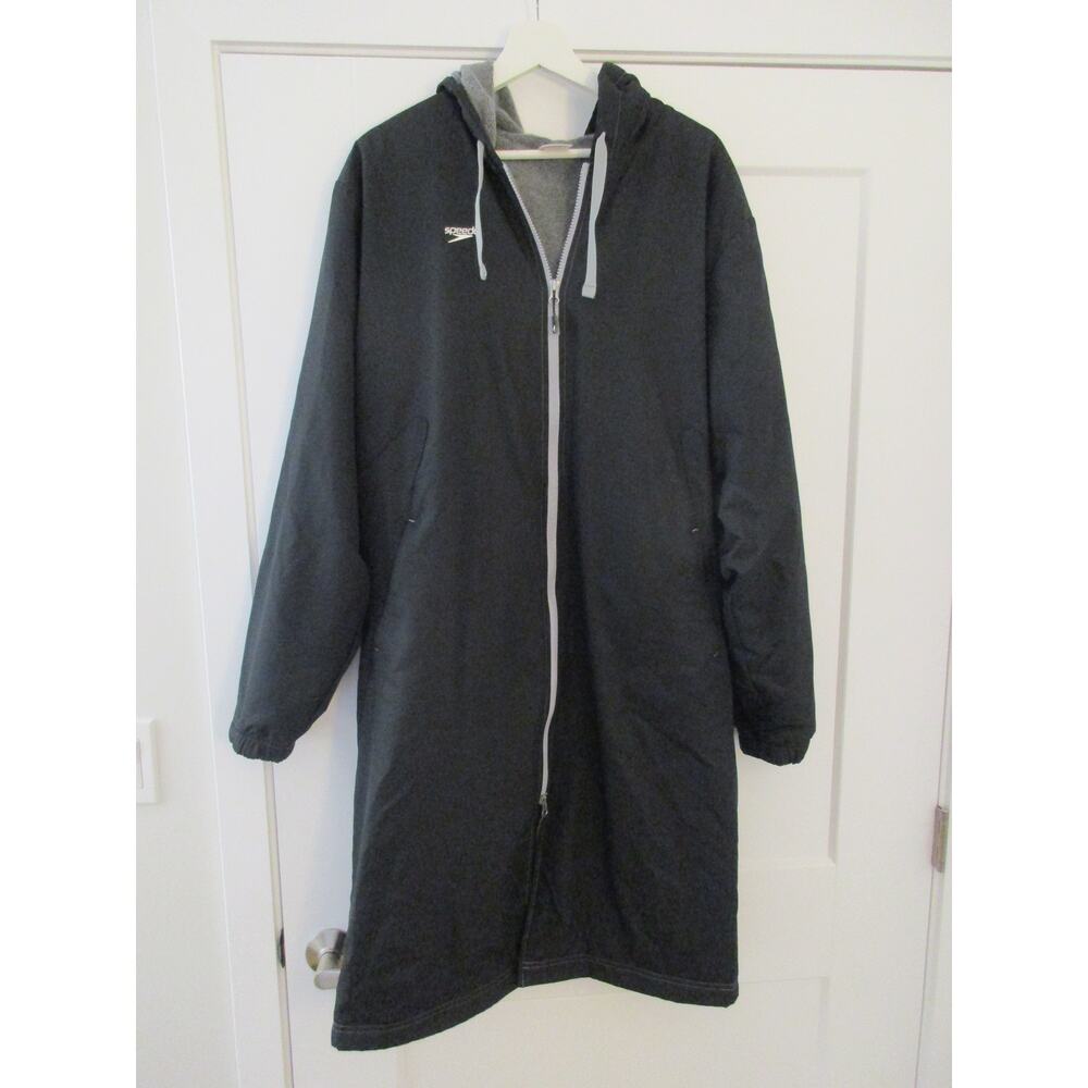 Speedo Unisex Mens Womens Swim Parka Large Black Hood Fleece Lined Knee Length